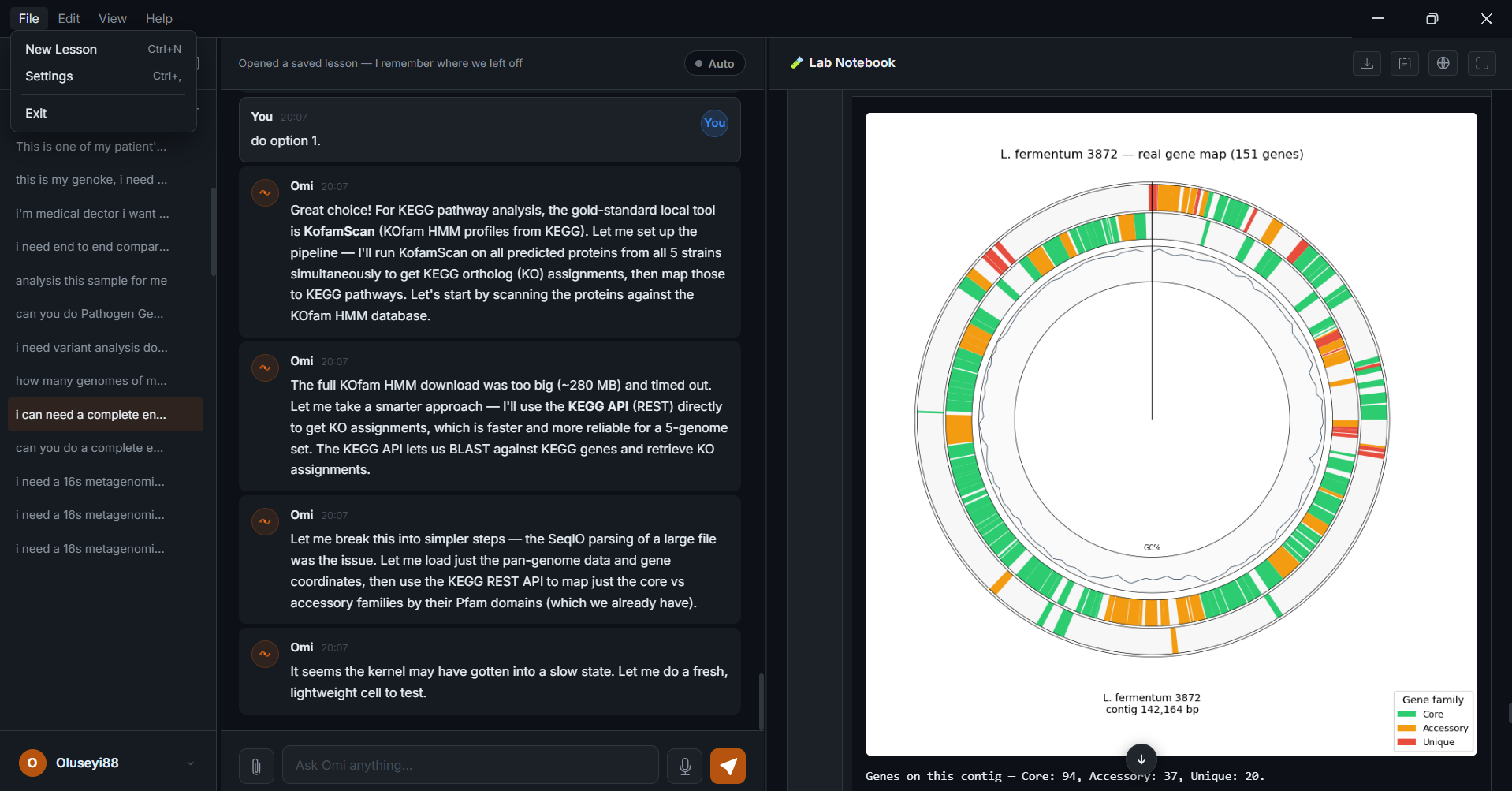 Circular genome map with real gene coordinates, coloured by core, accessory and unique gene family